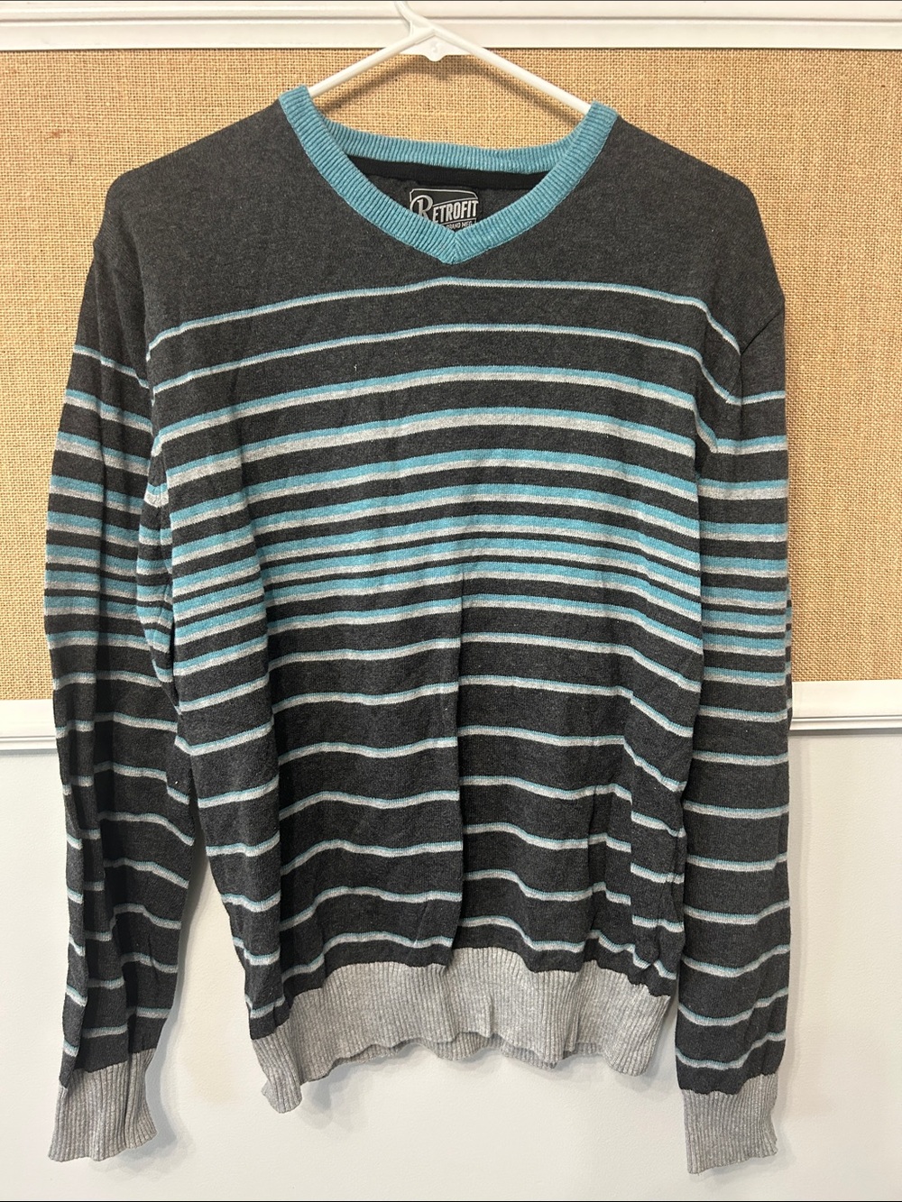 Retrofit Men's Charcoal, Teal & Light Gray Striped V-Neck Sweater